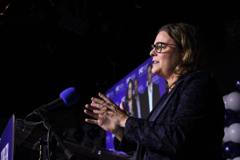 GREG VANDERMEULEN THE CARILLON
PC Leader Heather Stefanson speaks to PC candidates and supporters Tuesday night in Winnipeg.