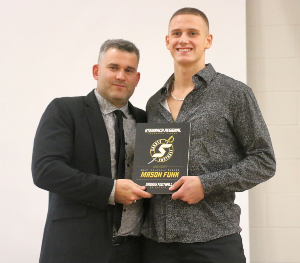Two-way star Mason Funk was named the SRSS Sabres most valuable football player for 2023. The University of Manitoba commit lead the team in both rushing and tackling. (Cassidy Dankochik The Carillon)