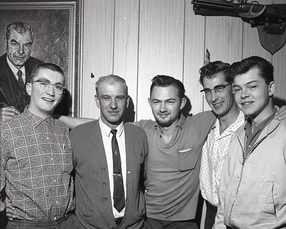 Jim Schellenberg, centre, rolled three strikes in the final frame to lead his bowling team to the commercial league championship over Penner Dodge, Loewen Body Shop and Steinbach Dry Cleaners in the inaugural season of league competition at Deluxe Bowl in May of 1963. Other members of the Derksen Printers team were Jim Steel, Pete Guenther, Ernie Doerksen and Richard Hildebrand