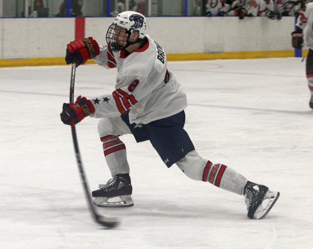 Nathan Brown's stick flexes as he shoots during the MJHL/SJHL showcase event. The U18 player from the Niverville Nighthawks has been lauded as a strong prospect this year. (Cassidy Dankochik The Carillon)