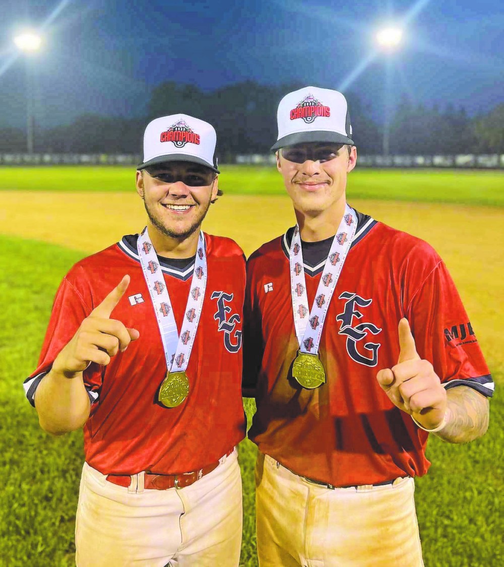 Rylan Penner and Cody Gunderson were all smiles after winning gold medals with the Elmwood Giants at the 22U Canadian Championships. (Carillon Sultans Facebook)