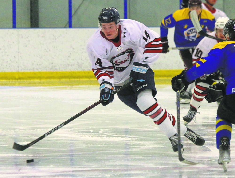Steinbach Piston Nick Mikan breaks into the zone during the 2023 MJHL/SJHL showcase. Mikan was joined on the U18 team by Warren Clark and Noah Szabo, with Steinbach head coach Paul Dyck behind the bench for the MJHL team. Dyck will return to the bench for the 2024 edition of the tournament. (Cassidy Dankochik The Carillon)