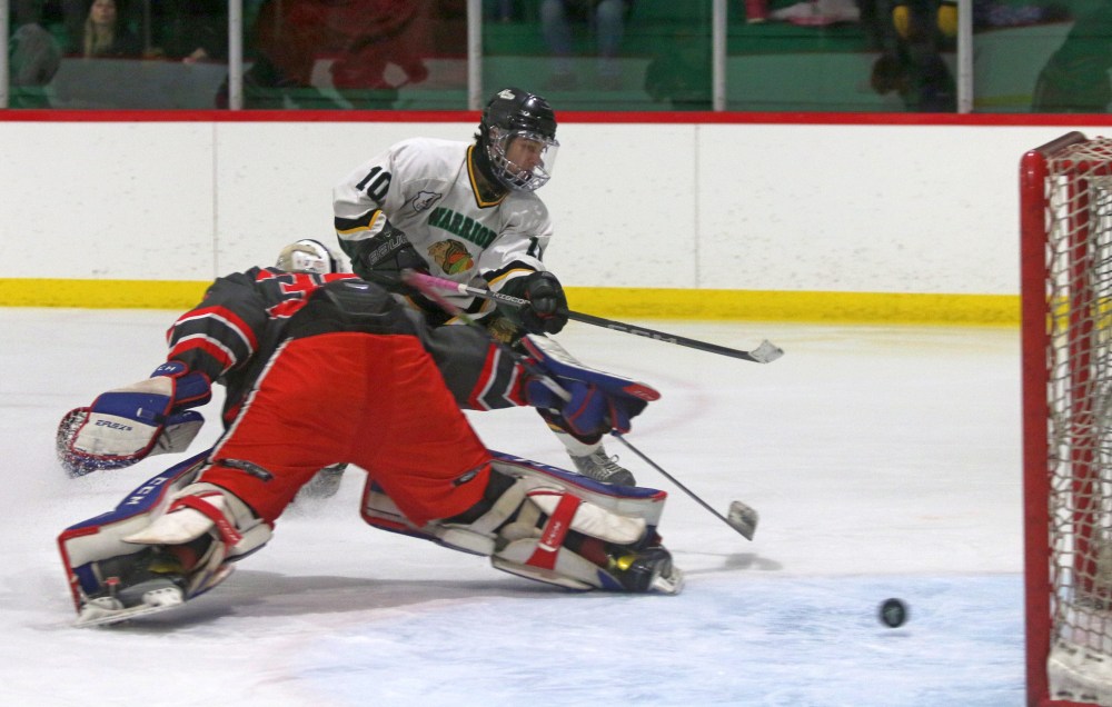 Damon Johnson's shot would have tied the game for St Malo in their contest against league-leading Selkirk, but he found nothing but post. (Cassidy Dankochik The Carillon)