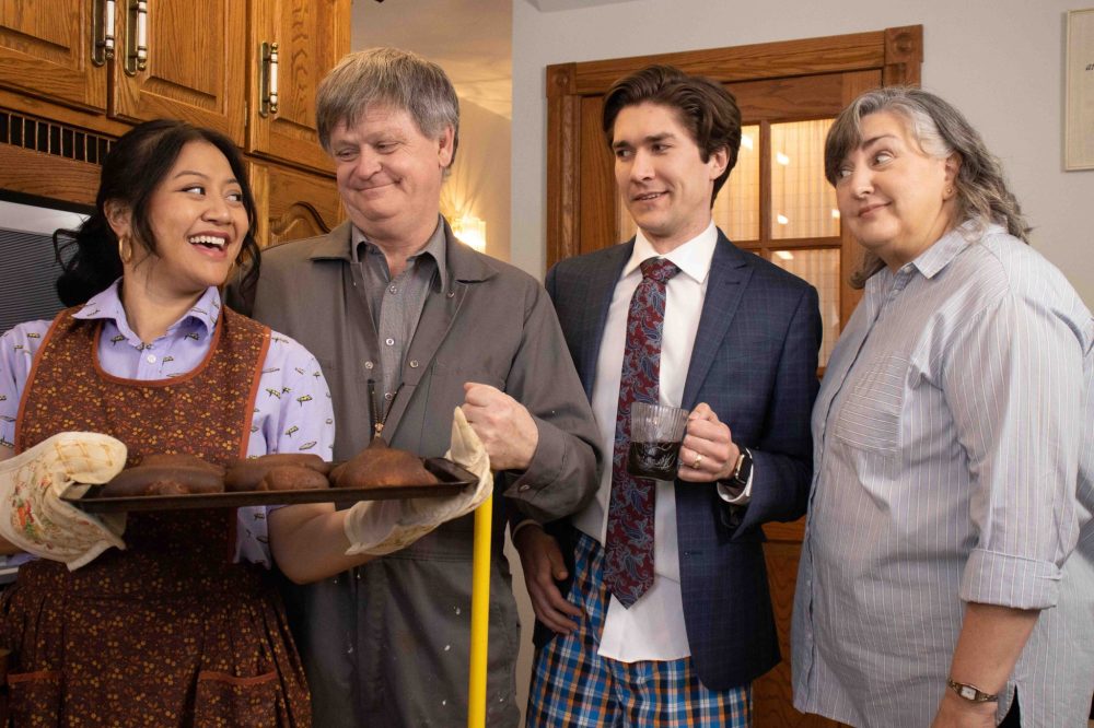 Maria and the Mennos is a hilarious take on the clash of two cultures. Left, Victoria Exconde, Chuck Fefchak, Kenton Dyck, and Erna Peters.