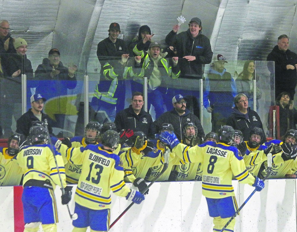 The Niverville Clippers were aided by a boisterous section of fans which made the trip out to St Jean to watch them win a decisive game five of their quarterfinal series against Red River in the HTJHL. (Cassidy Dankochik The Carillon)