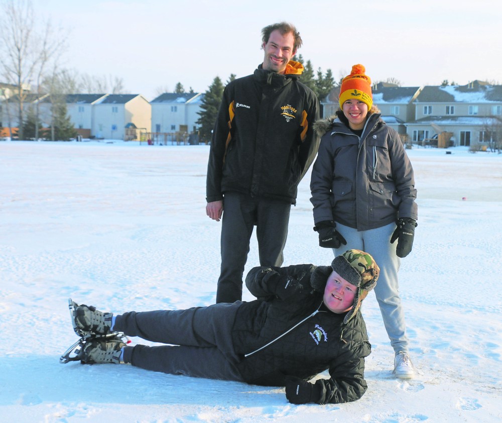 Three of the six Eastman athletes who will be attending nationals squeezed in a quick training session before a send-off pep rally to celebrate them. Caleb Friesen, Jacklyn Reimer and William Middleton will all be representing Manitoba at the snowshoeing event at the 2024 Special Olympics Canada Winter Games. (Cassidy Dankochik The Carillon)