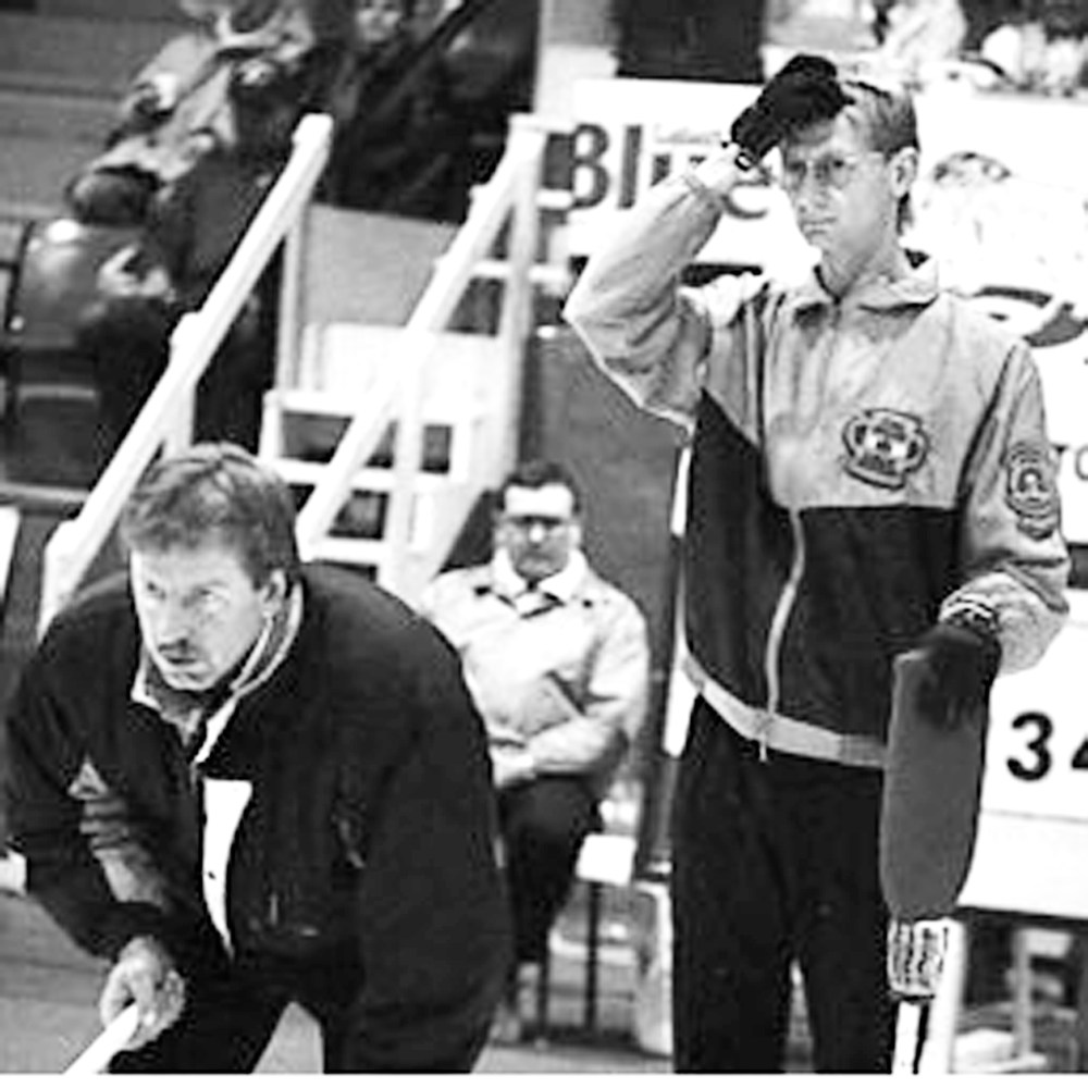Harold Sawatzky looks on as Vic Peters keeps a close eye on his rock during the first of back-to-back wins over the Altona skip in the Tankard final on the way to his second Manitoba championship in a row.