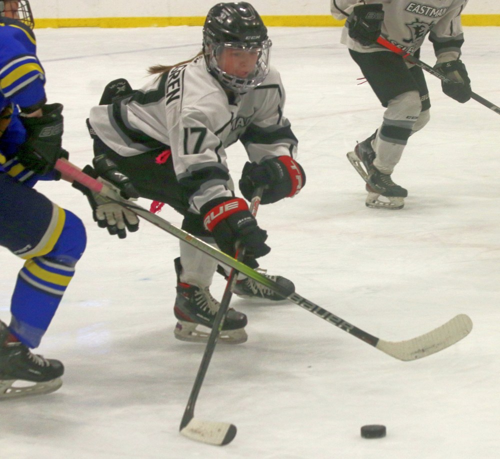 Addilyn Nohlgren battles for a puck in the first period of Eastman's 4-1 game two victory over Westman. Nohlgren would win the battle before setting up a teammate for a go-ahead goal on this play. The Selects were battling for their playoff lives March 13 in Niverville, with the score unavailable at press time. (Cassidy Dankochik The Carillon)