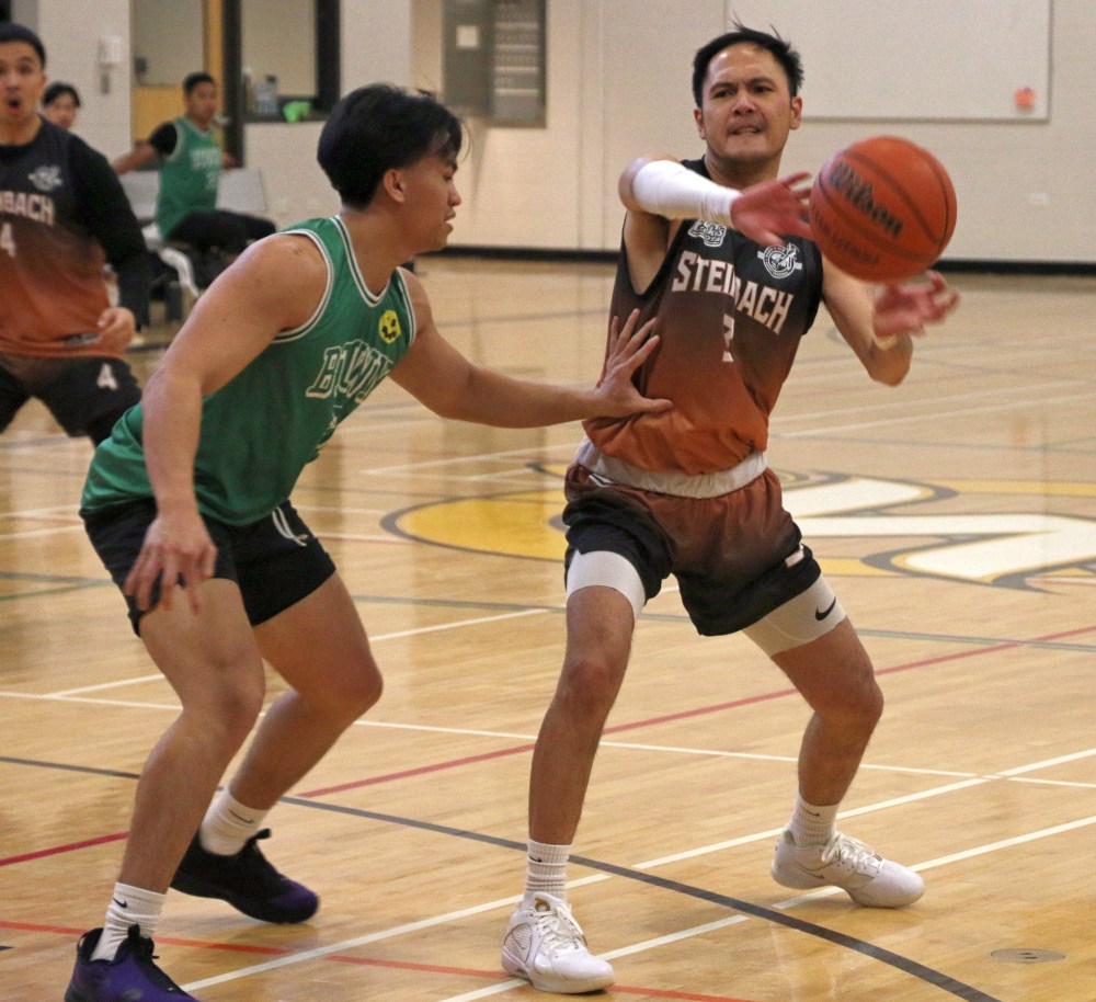 Justin Sarmiento looks to throw a pass during a FBA Steinbach exhibition match March 9. (Cassidy Dankochik The Carillon)