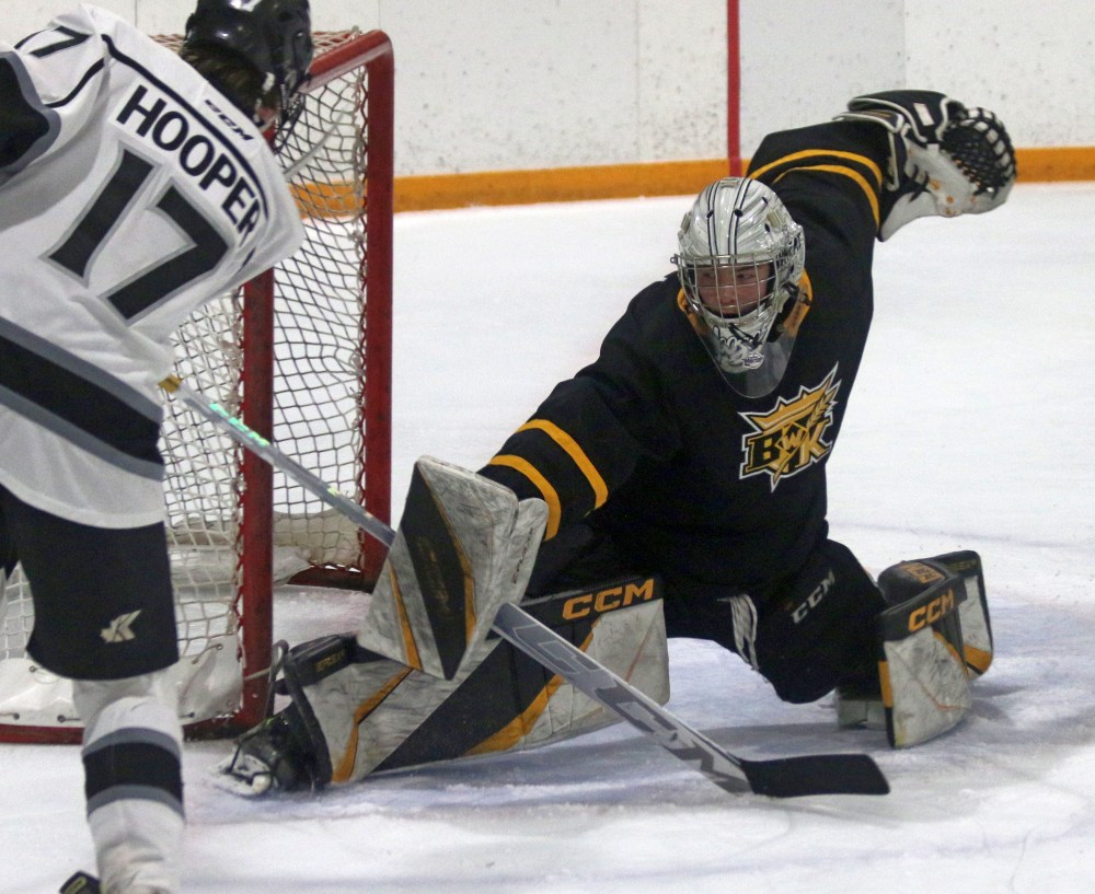 Urijah Moosetail helped backstop the Brandon Wheat Kings to a U15 Male AAA championship this season, including shutting down a strong Eastman push in the third period of game three of the finals. (Cassidy Dankochik The Carillon)
