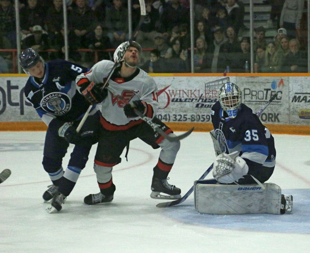 David Cote's high-sticking penalty may have been the difference in game four, putting Steinbach down two-men in overtime. Winkler forward Zach Nicolas would convert on the ensuing powerplay, giving the Flyers a 4-0 series victory. (Cassidy Dankochik The Carillon)