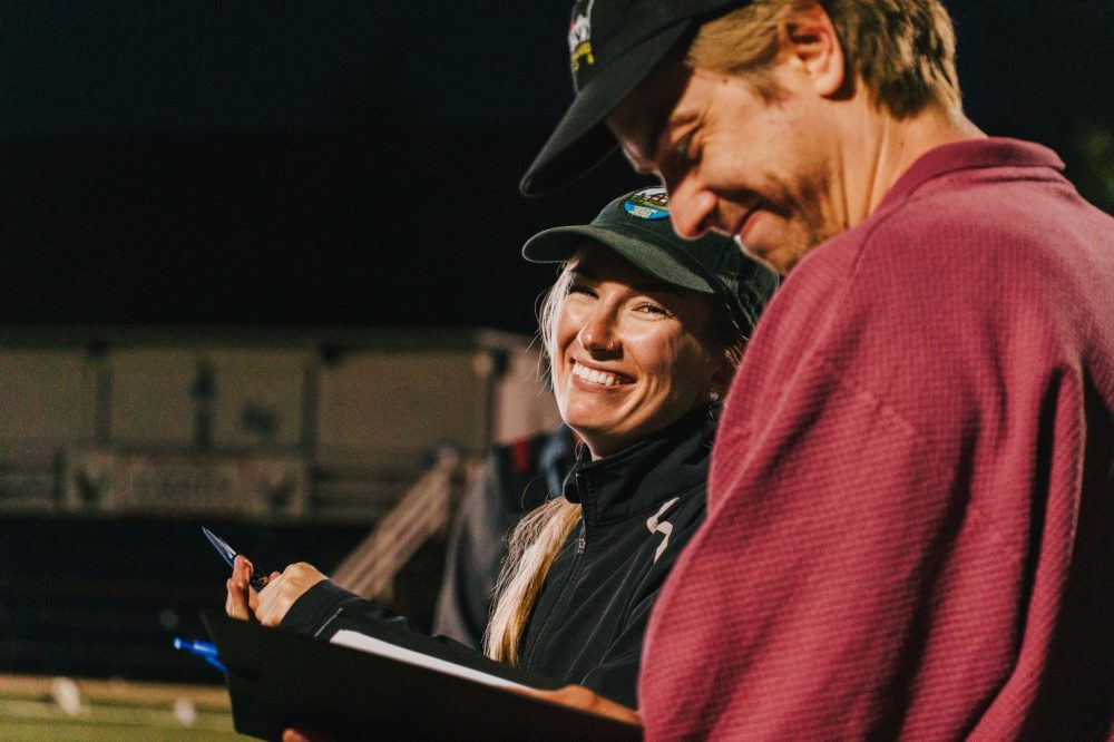 MELVIN DALIGDIG
Steinbach’s Meg Robinson shares a laugh on set with writer and comedian Mike Scott.
