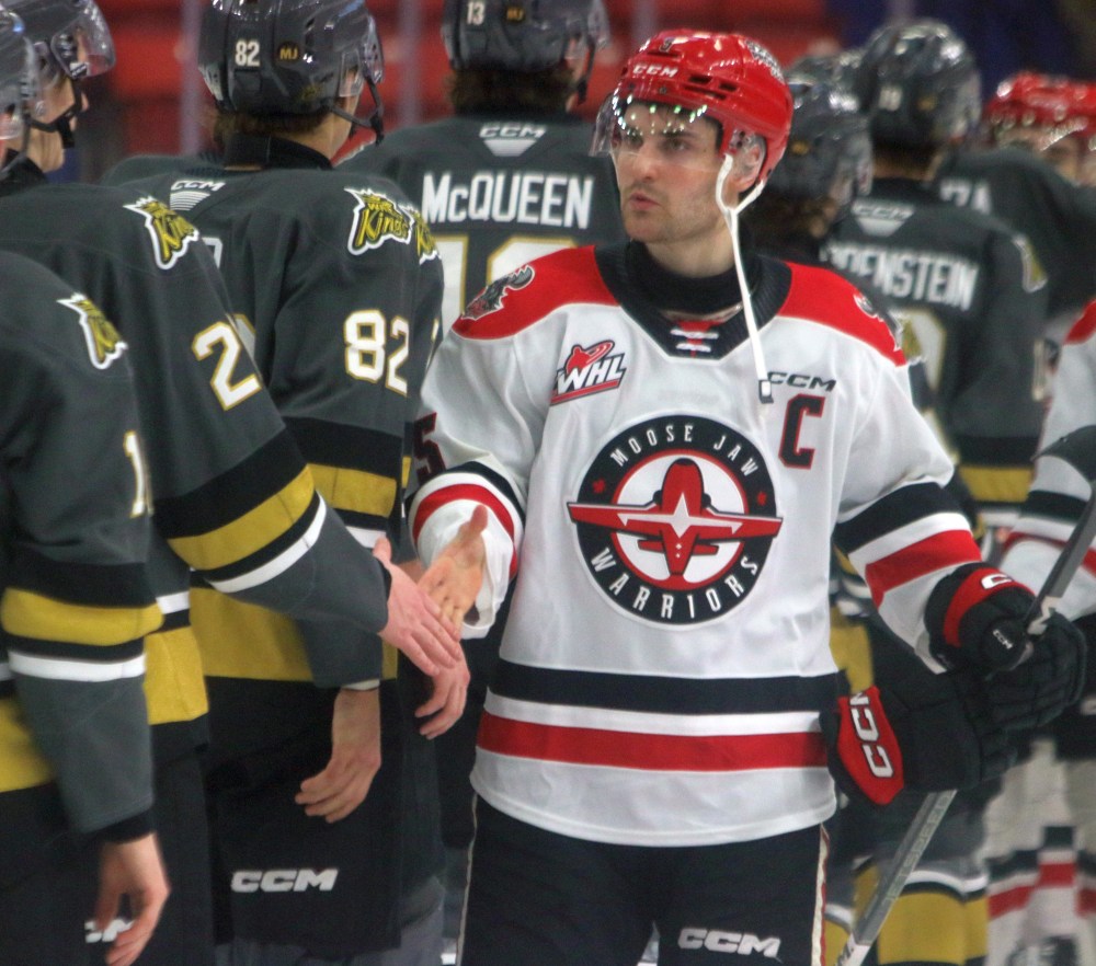 Mateychuk, who captains the Warriors, led his team through the post-game handshakes after they defeated Brandon in four games. Moose Jaw took game four 5-2 on April 4 in Brandon (Cassidy Dankochik The Carillon)