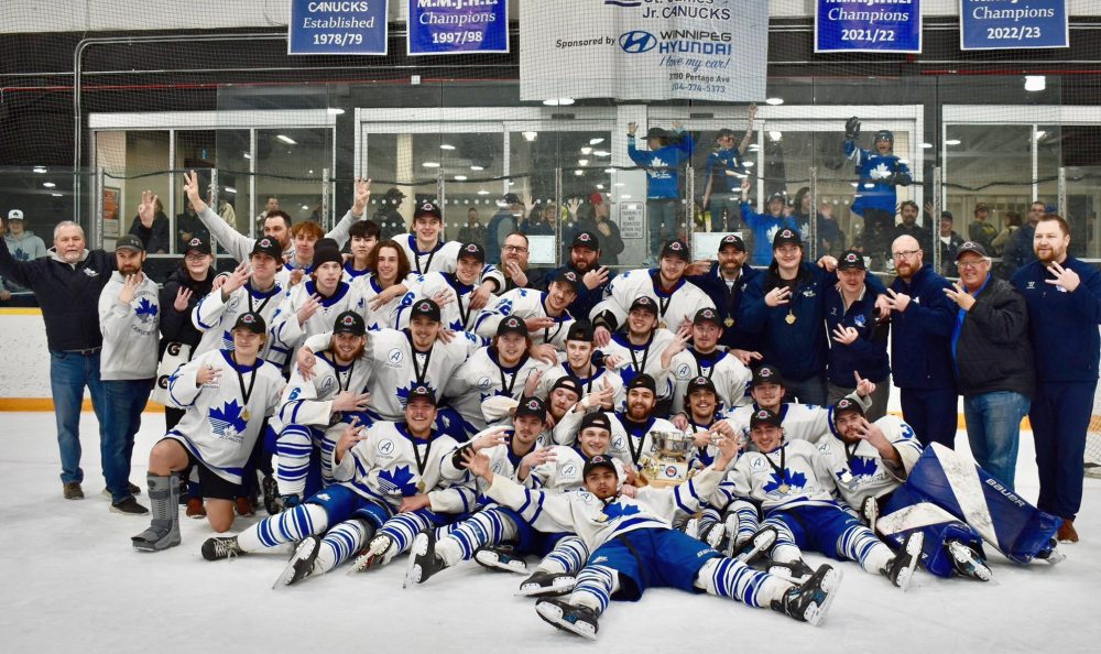 The St James Jr Canucks celebrate their third consecutive MMJHL championship after defeating Pembina Valley in the finals. (St James Jr Canucks Twitter)