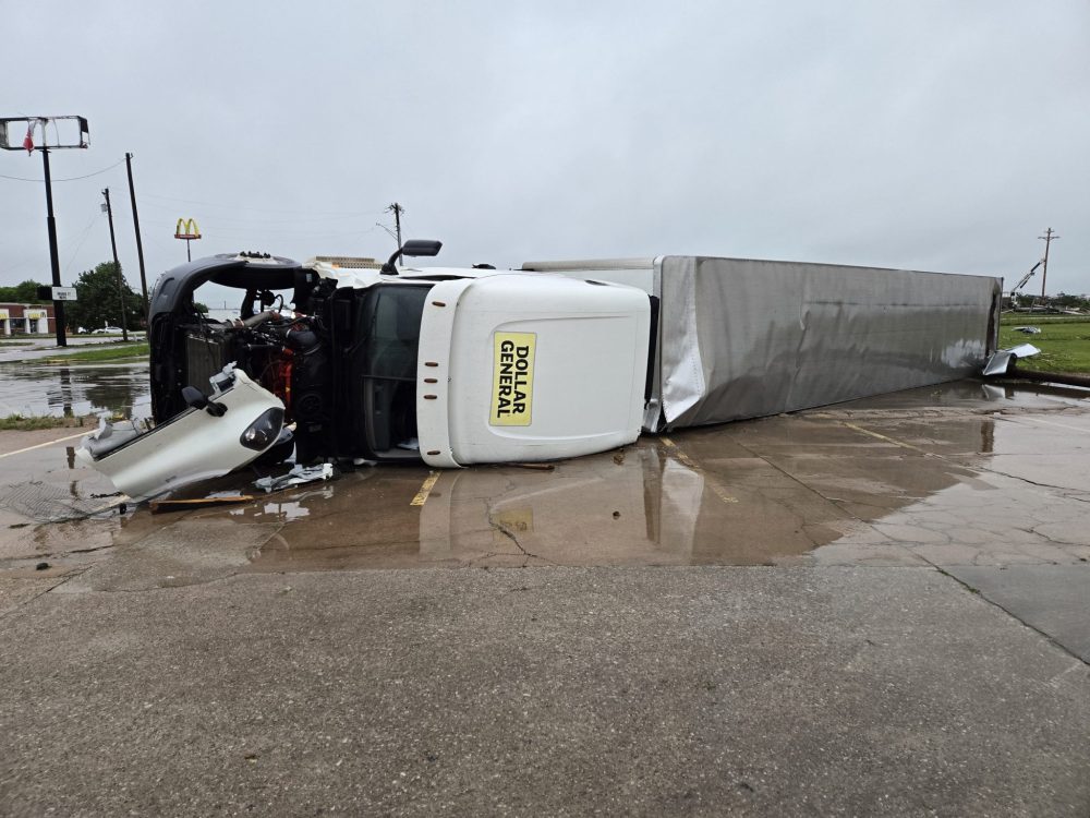 Submitted
The devastation brought on by a tornado in Oklahoma on Saturday, April 27, 2024. Here a semi is laying on its side after the tornado flipped it during the night.