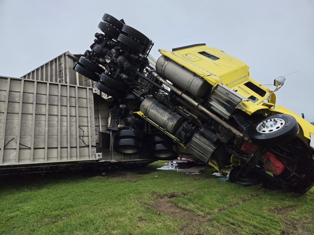 Submitted
Here a semi was picked up 20 feet into the air by a tornado and smashed down upon a flipped trailer.