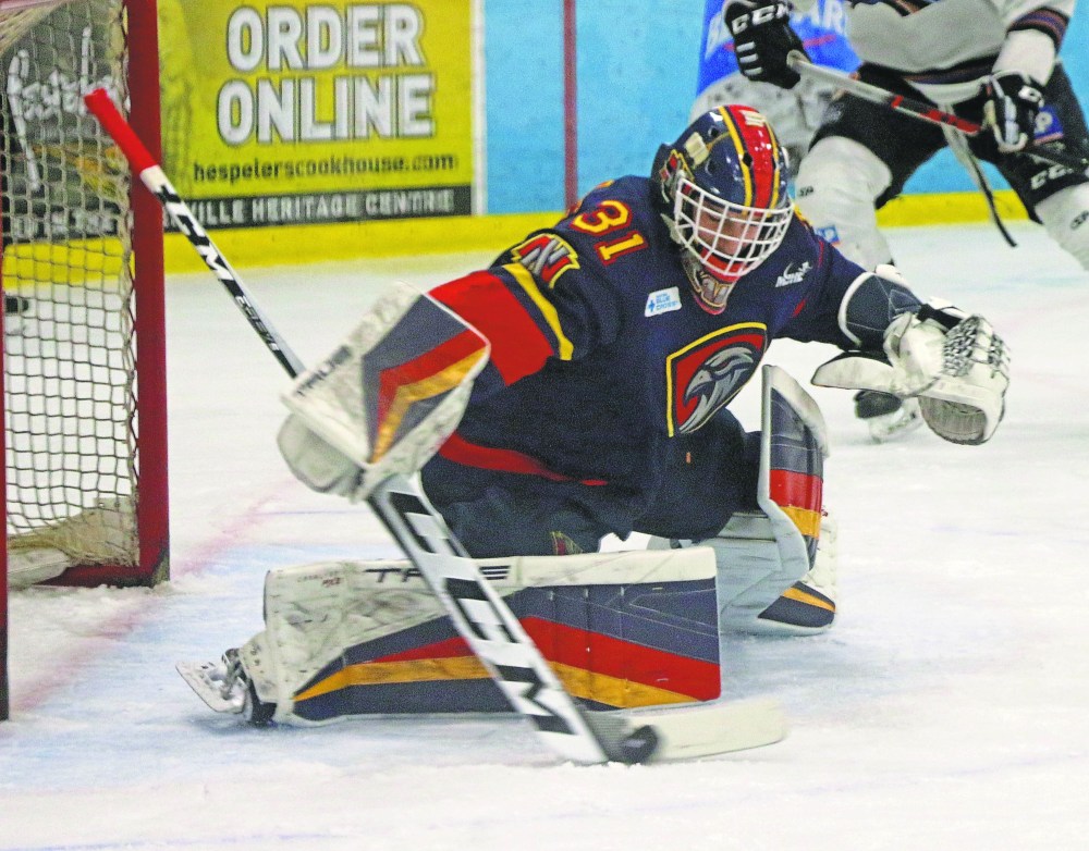 Standout U18 goalie Raiden LeGall was a force for Niverville this season, and was selected in the fifth round of the USHL draft. (Cassidy Dankochik The Carillon)