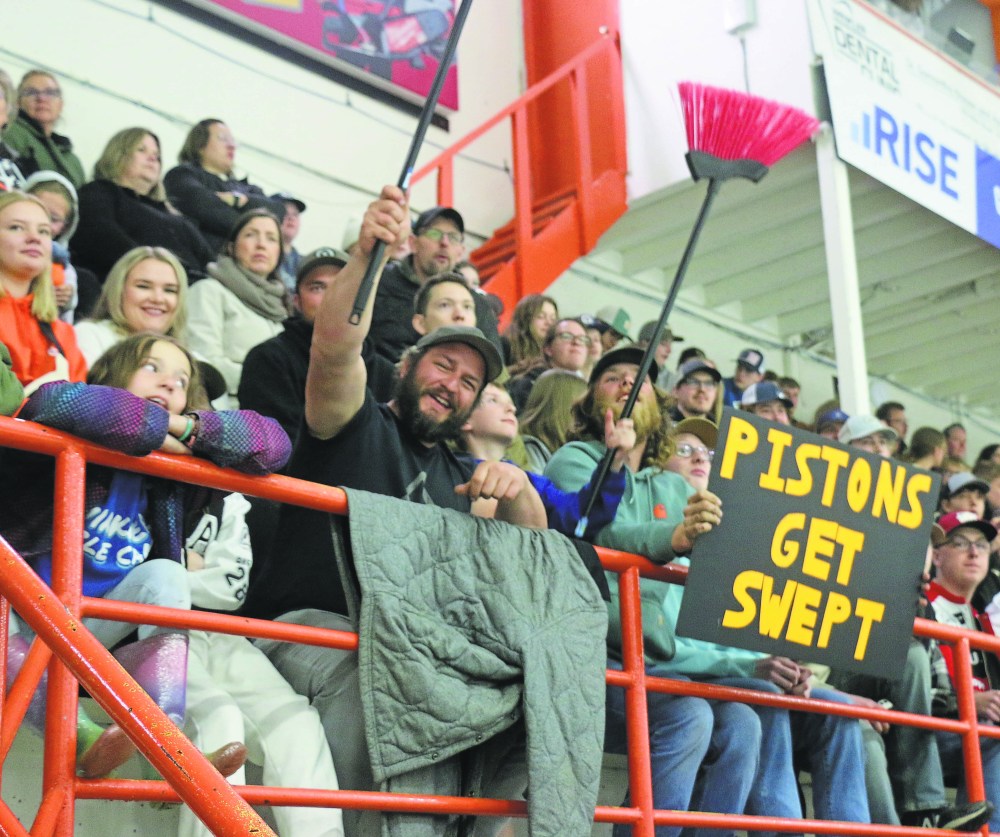 Winkler fans broke out the brooms for their game four victory against Steinbach, which gave their team a 4-0 series victory. (Cassidy Dankochik The Carillon)
