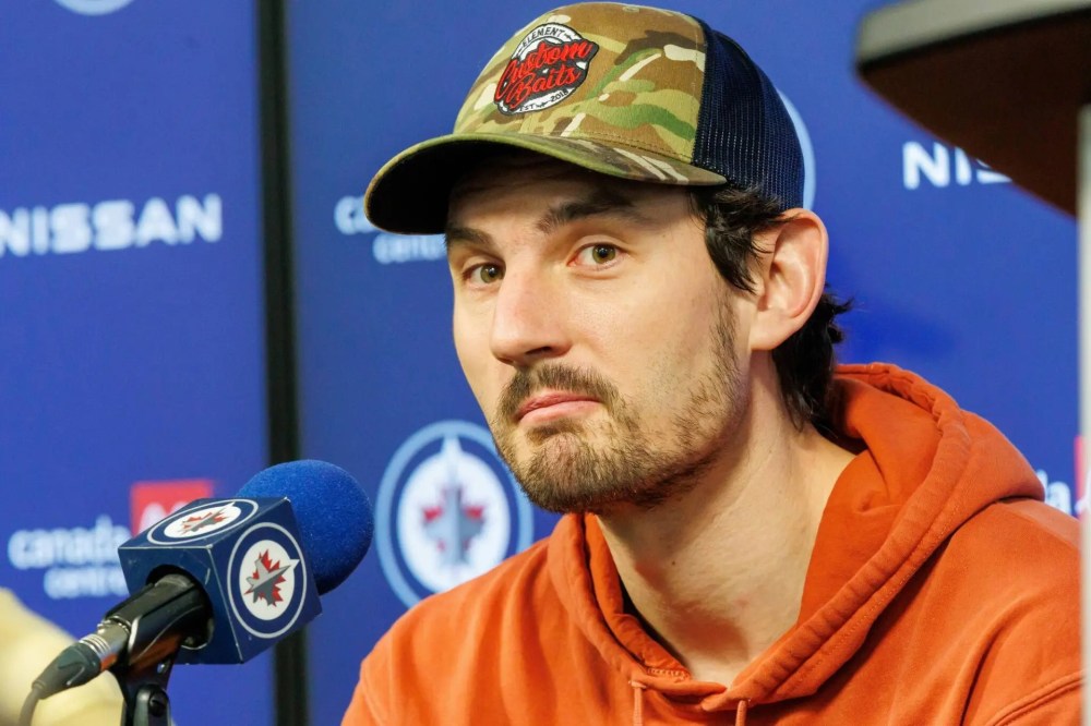 Winnipeg Jets’ goaltender Connor Hellebuyck is interviewd during post-playoffs media availability at Canada Life Centre Thursday. (Mike Deal / Free Press)