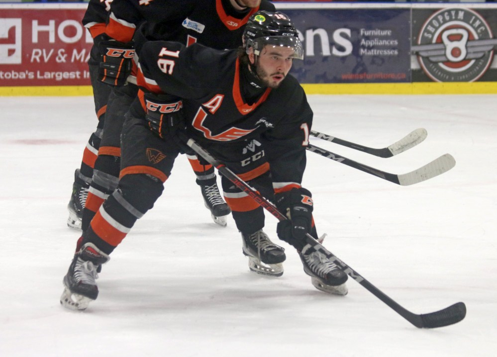 Brody Beauchemin waits for the puck to drop in game three of the MJHL finals. (Cassidy Dankochik The Carillon)