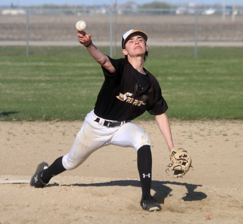 Steinbach's Zander Penner nearly threw a complete game against Gabrielle-Roy during Zone 13 South high school baseball league play May 9, running out the pitch count with only one batter to go before SRSS could finish the game. (Cassidy Dankochik The Carillon)