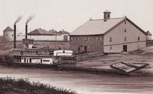 Souvenir of Winnipeg, Manitoba, Toronto News Company, 1889.
Sketch of the Steamboat International at Upper Fort Garry (circa 1889).