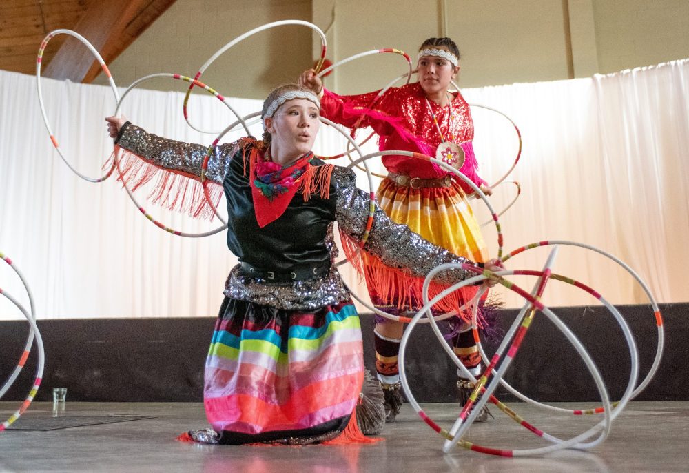 SVJETLANA MLINAREVIC THE CARILLON
Mason Hoop Dancers Kimberly (front) and Charisma Mason danced for a small crowd of about 60 people and shared stories and taught members in the crowd about hoop dancing during the Maawanji’iding Ziigwan (Spring Gathering) at Mennonite Heritage Village on May 30, 2024. The event was put on by the Hanover Teachers' Association and MHV to celebrate partnerships with the Indigenous community.