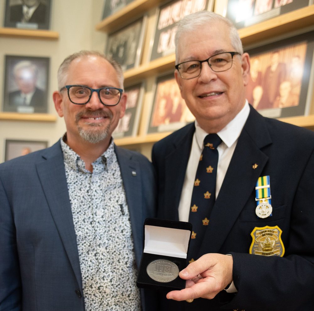 SVJETLANA MLINAREVIC THE CARILLON
Steinbach Mayor Earl Funk (left) presents the Community Contribution Award to Harry Troche for his work in the community and for collecting Steinbach police memorabilia and donating it to City Hall on June 13, 2024.