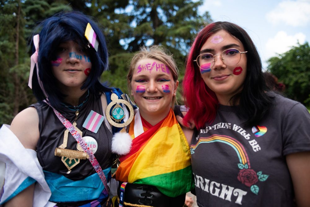 SVJETLANA MLINAREVIC THE CARILLON
Hayden Lessard (left), Payton Lagasse, and Karma Lessard took part in Steinbach Pride on June 23, 2024, at K.R. Barkman Park. The event saw 500 people attend according to organizers.