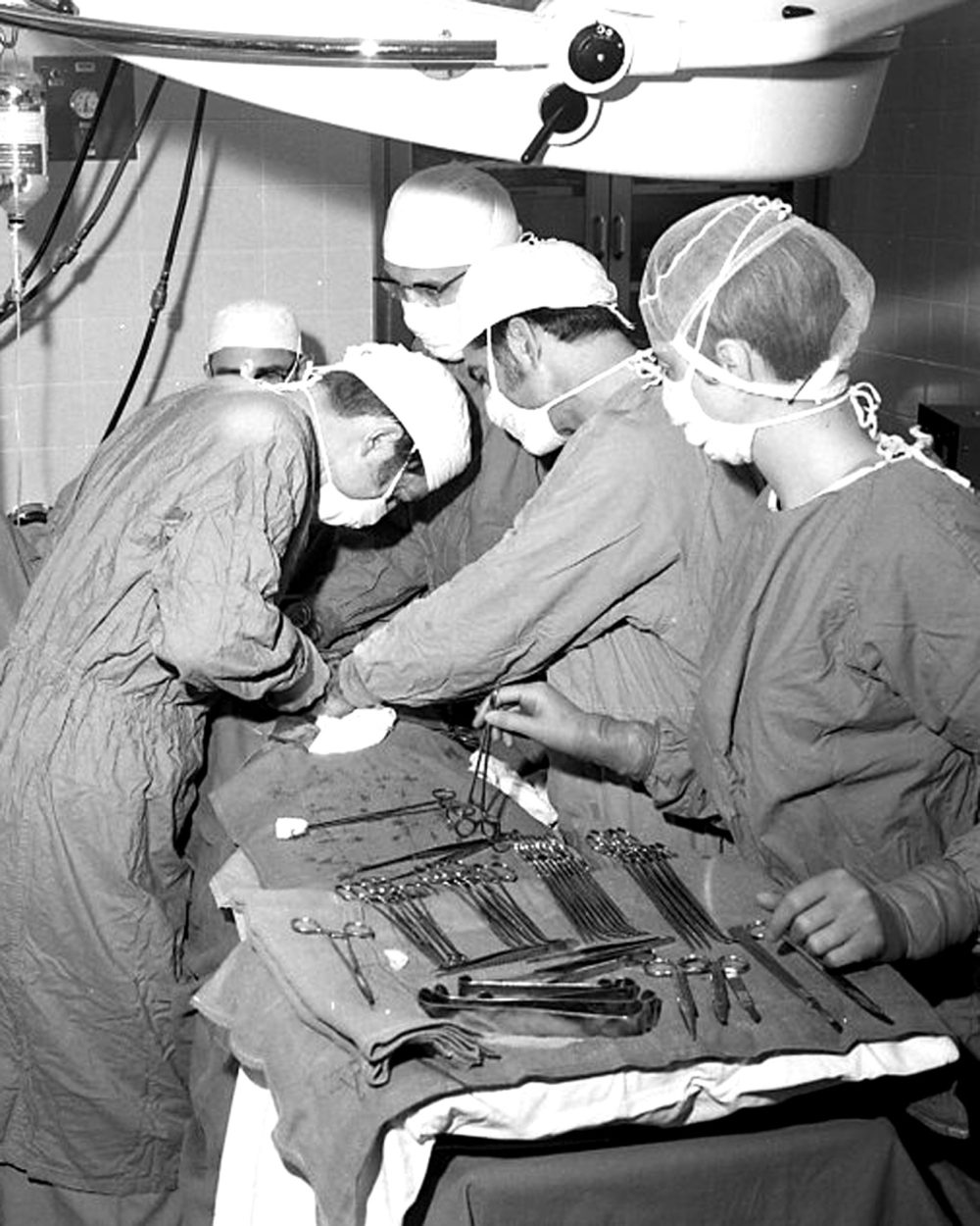 CARILLON ARCHIVES
Dr. Paul Peters, Dr. Lorne Penner, Dr. Albert Propp, Dr. John B. Dick and LPN Marge Funk are pictured in the operating room in 1970.