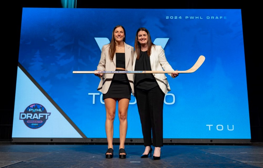 Raygan Kirk was all smiles as she was selected with the final pick in the 2024 PWHL draft by Toronto. (PWHL)