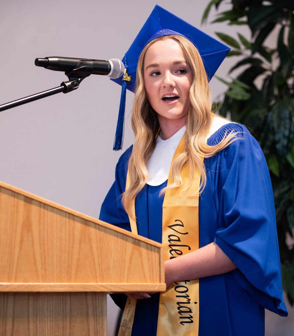 SVJETLANA MLINAREVIC THE CARILLON
Landmark Collegiate valedictorian Callie Koop spoke to her graduating class on June 26, 2024, at Prairie Rose Evangelical Mennonite Church about the fun times they had and about the future. This year's class had 24 graduates.
