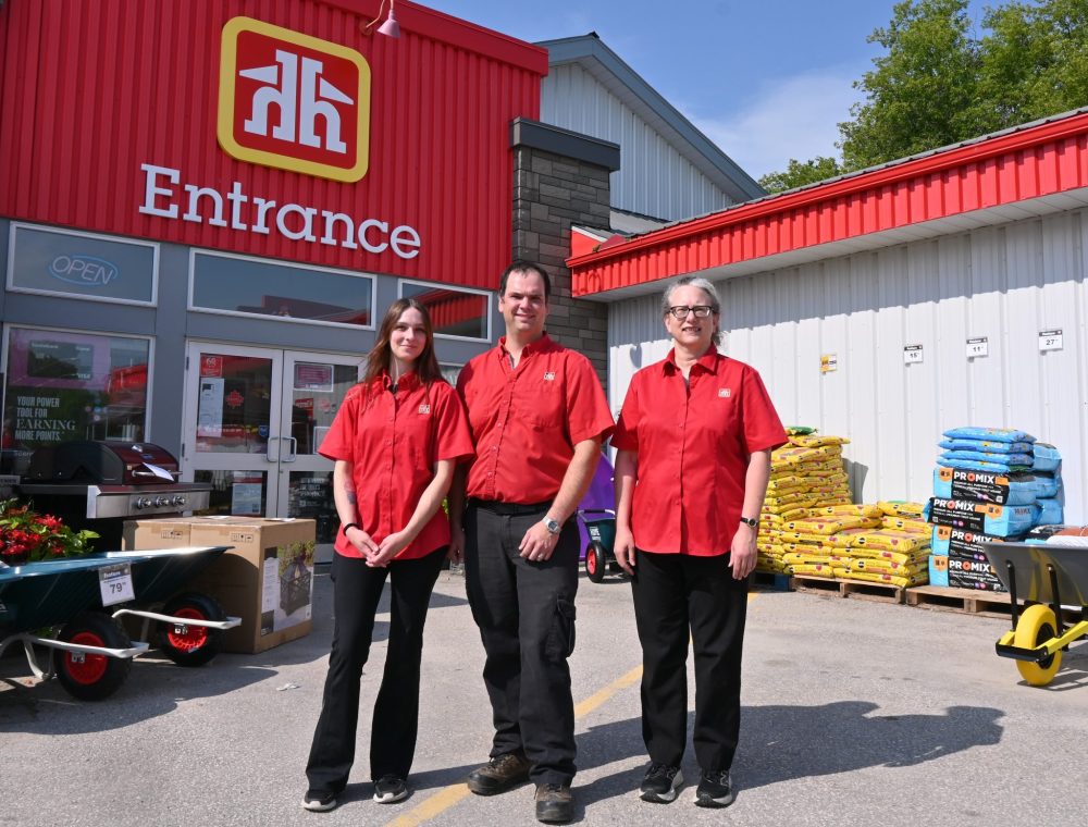 ALEX LAMBERT THE CARILLON
Amy Harrison-Boulet, new owner Jacques Bouchard and Sheryl Chongva stand outside the Lorette Home Hardware, where they just celebrated their grand re-opening.