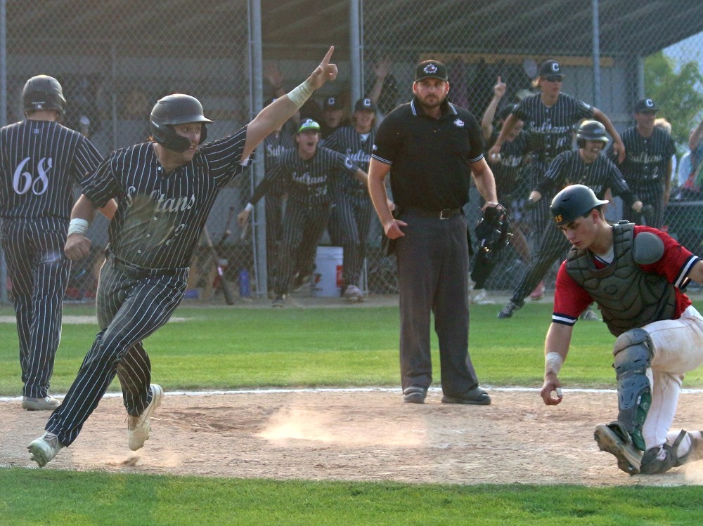 Mason Hartung's scored on a sacrifice fly to give Carillon the walk-off mercy-rule victory in game five of the MJBL finals. (Cassidy Dankochik The Carillon)