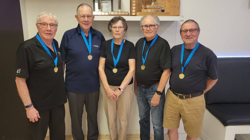 The Steinbach Bowling Alley-based team of Abe Penner, Don and Eleanor Wither, Gord Sehellenberg and Brian Koop came home from the 2024 Manitoba 55+ Games with gold medals in the 75+ age division. (Cassidy Dankochik The Carillon)