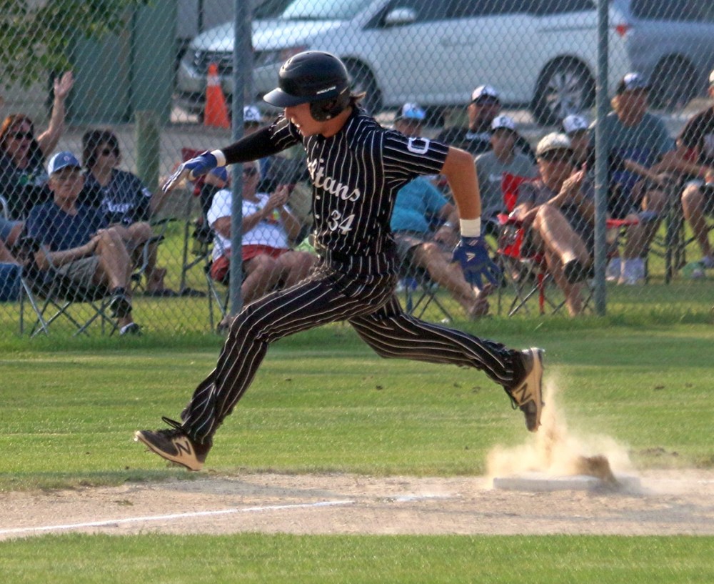Drayden Kurbatoff rounds third during game five of the MJBL finals en-route to scoring. (Cassidy Dankochik The Carillon)