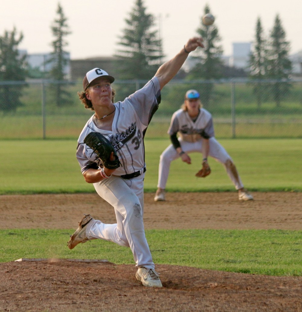 Dylan Klassen pitches during Carillon's victory over Interlake earlier in July. The U18 AAA team has a strong pitching staff and are aiming high at provincials. (Cassidy Dankochik The Carillon)