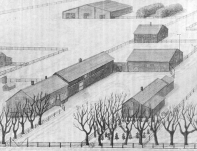 PHOTO COURTESY OF DELBERT PLETT KLASS R. REIMER 1837-1906
A painting of the Klaas Reimer homestead in Steinbach, post-1881. The newer housebarn burned down in 1936 in a fire caused by three pre-school boys smoking behind the barn.