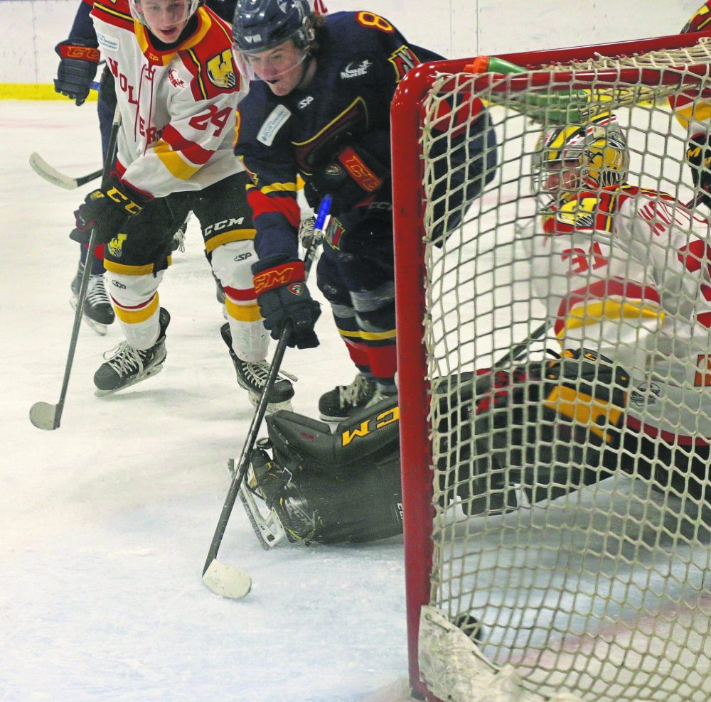 CASSIDY DANKOCHIK CARILLON ARCHIVES
Brendan Bottem sneaks a puck past Waywayseecappo netminder Tresor Wotton Jan. 28, 2023. The Nighthawks scored five second-period goals to flip a 4-1 game into a 8-5 victory.