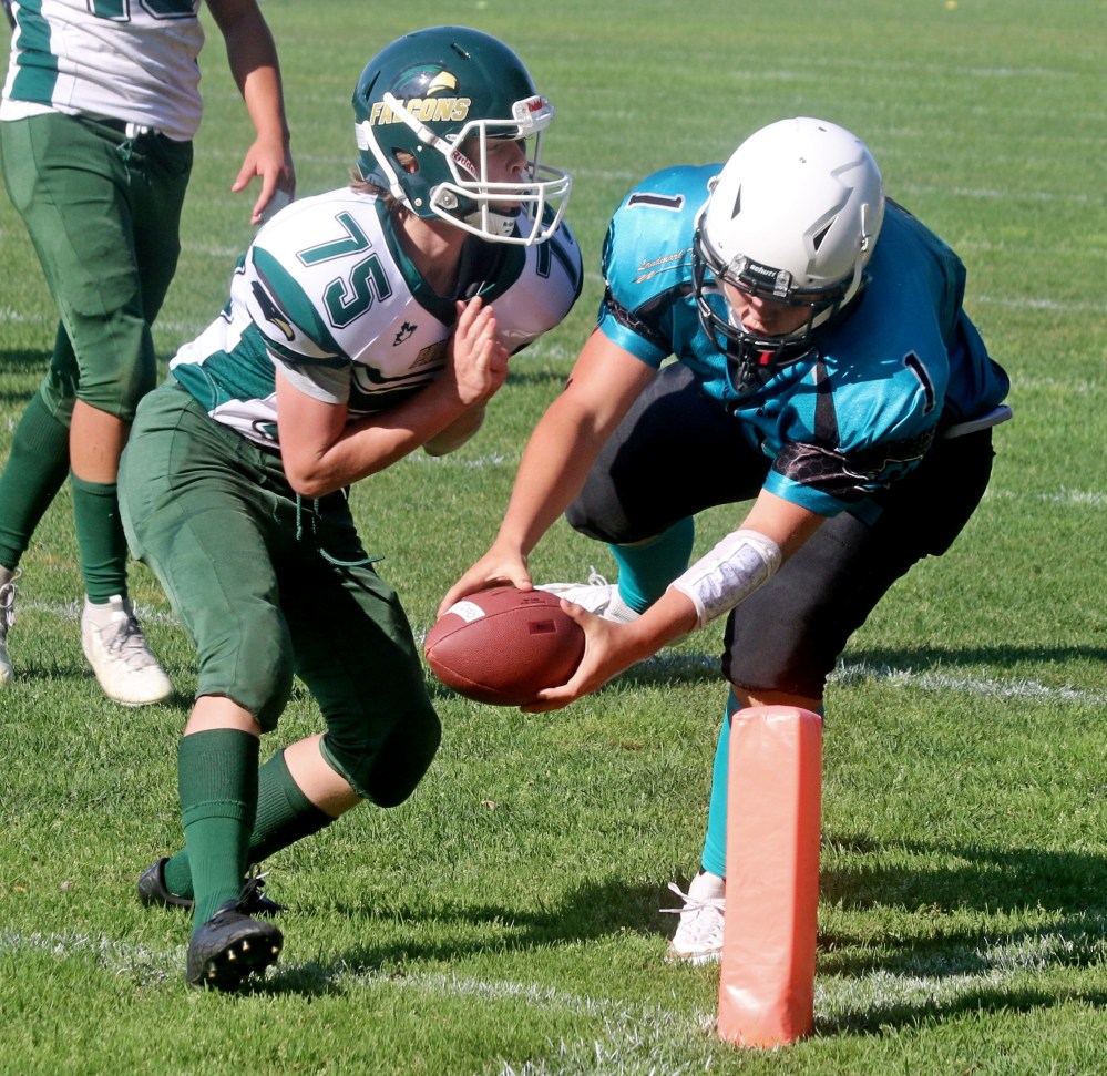 The Eastman Raiders' quarterback dives for the pylon during a U16 game inside A.D. Penner Park Aug. 24. The Raiders would come out on top 46-28 over the Falcons Football Club. (Cassidy Dankochik The Carillon)