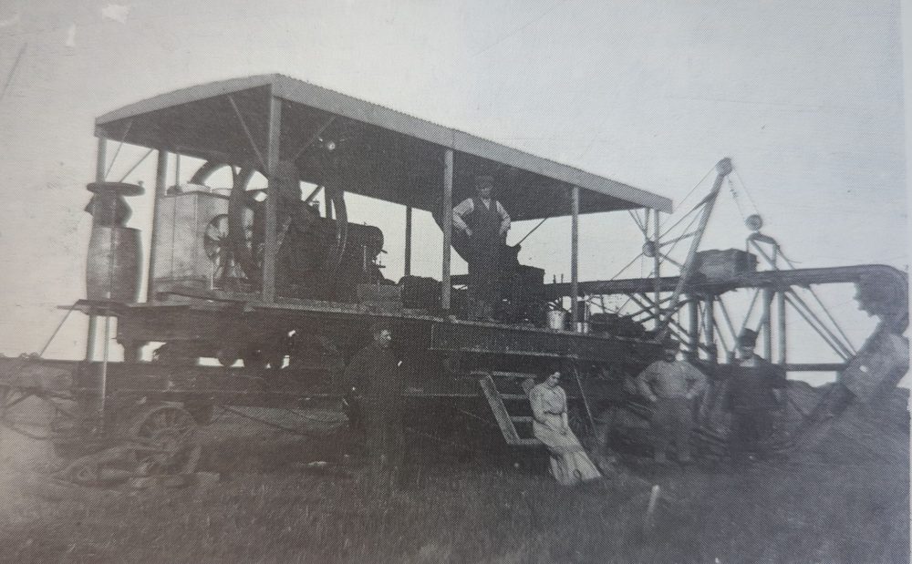 ABE WARKENTIN, REFLECTIONS ON OUR HERITAGE
This 60-ton dredge was built by K. R. Friesen and K. W. Brandt for James Forstall, of St. Pierre. They purchased it back and used it to build drainage ditches around the Kleefeld and Prairie Rose areas. Brandt became the sole owner after 1914 and used it to help work on the Winnipeg water line.