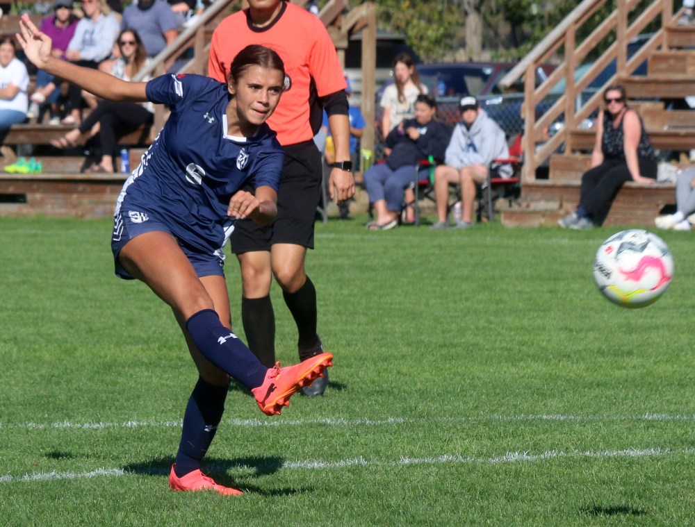 Hayley Medeiros' strike from the top of the box slotted neatly into the top corner, as Providence demolished CMU 5-0 in MCAC soccer action Sept. 21. (Cassidy Dankochik The Carillon)