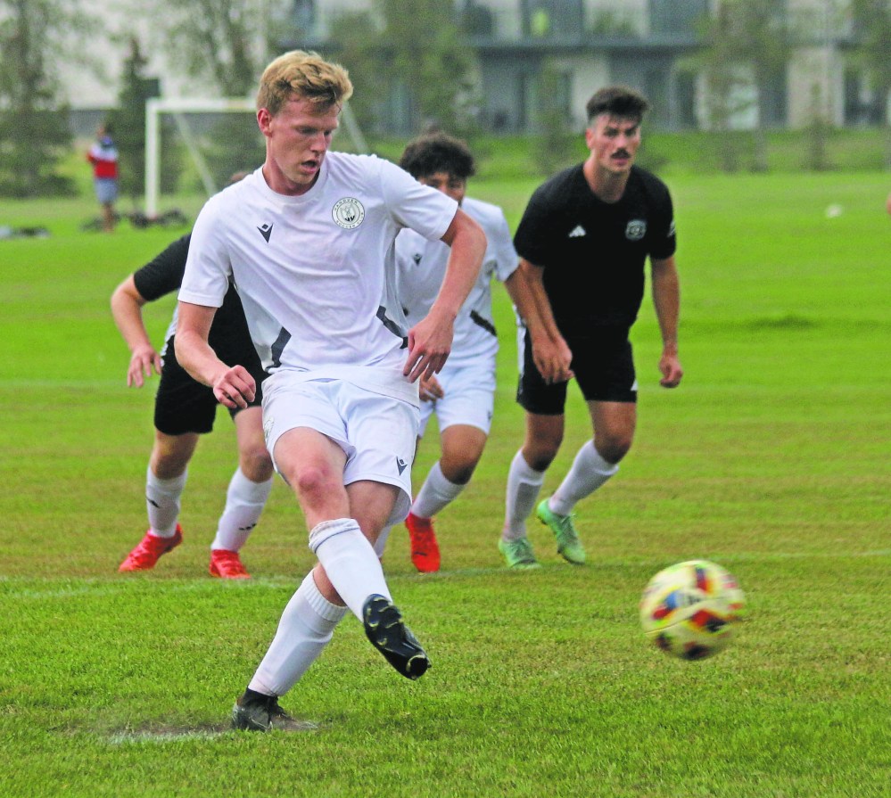 Hanover took a 2-0 lead on this penalty, but Niverville was able to storm back to tie the game in second-half injury time, as the sky grew dark. (Cassidy Dankochik The Carillon)