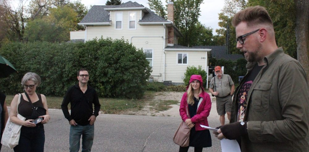 GREG VANDERMEULEN THE CARILLON
Andrew Unger led the group on a short tour through the part of Steinbach in which Miriam Toews grew up.