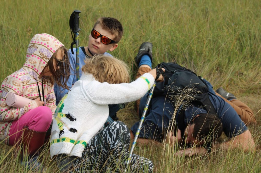 GREG VANDERMEULEN THE CARILLON
Norm Gregoire joins some of the younger participants on the hike in getting close to a Great Plains Ladies' Tresses, a species at risk.