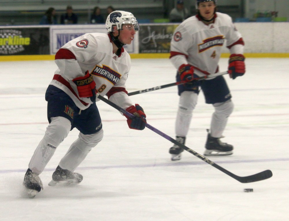 The Niverville Nighthawks edged by the Steinbach Pistons 5-4 in Manitoba Junior Hockey League action Sept 8 inside the Niverville Resource and Rec Centre. (Cassidy Dankochik The Carillon)