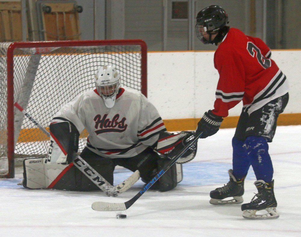 Aspiring La Broquerie Habs junior B players took to the ice in Steinbach for the final session of the team's open tryouts Sept. 7. (Cassidy Dankochik The Carillon)
