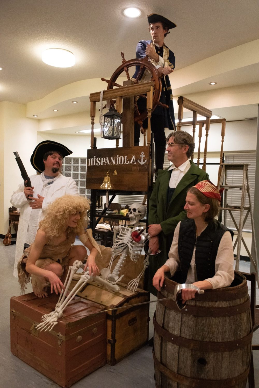 SVJETLANA MLINAREVIC THE CARILLON
The cast of Looking Glass Theatre's Treasure Island act out their character's personalities during a dress rehearsal at the Steinbach Arts Council on Sept. 28, 2024. Treasure Island will premiere on Oct. 11 at the Mennonite Heritage Village. From left to right: Shannon Loewen, Sheldon Faroudh, Chris Friesen, Shane Hartry, and Kylee Kolesar.