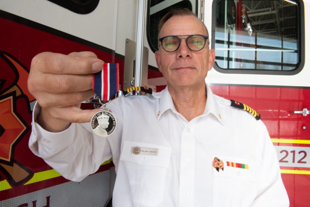 SVJETLANA MLINAREVIC THE CARILLON
Steinbach fire chief Kelvin Toews recieved the King Charles III Coronation Medal for being on the -------. Only 30,000 of the medals are being handed out to people across Canada.