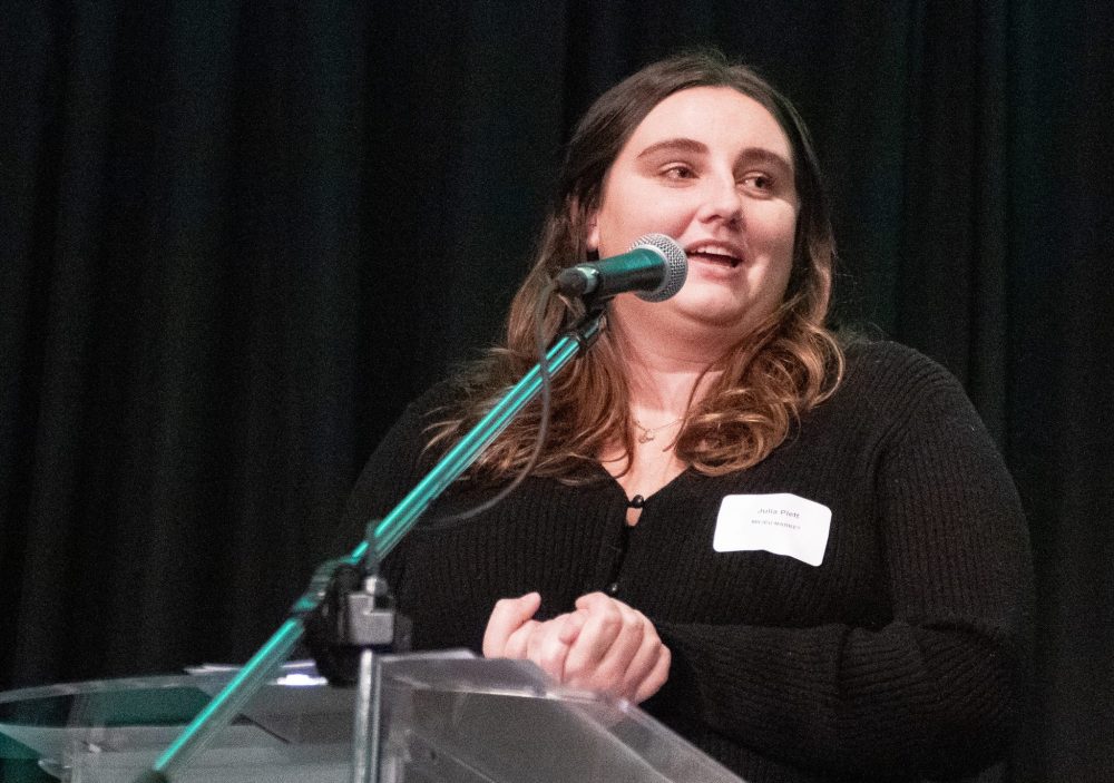 SVJETLANA MLINAREVIC THE CARILLON
Julia Plett from Milieu Market gives a speech after accepting the Business of the Year Award- Small Business, which recognize a small business that exemplifys excellence in most, if not all, of the following areas: growth and stability, innovation, quality of product and/or service, human resource practices, and commitment to community and/or industry.The award was given on the evening of Oct. 24, 2024, at the Friedensfeld Community Centre during the Steinbach Chamber of Commerce's Business Excellence Awards.